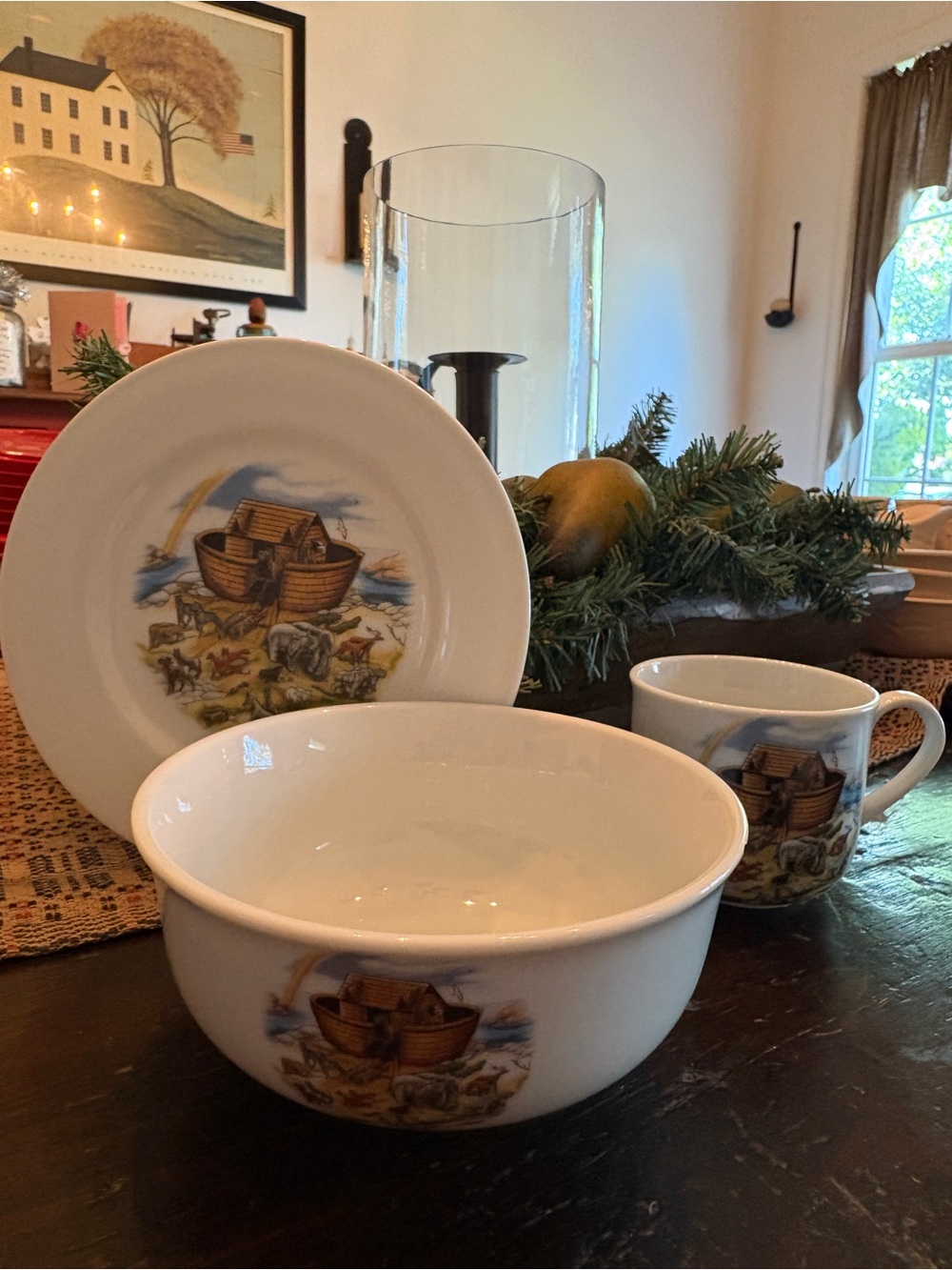 Noah's Ark Ceramic Dinnerware Set - White with Multicolor Ark Illustration
